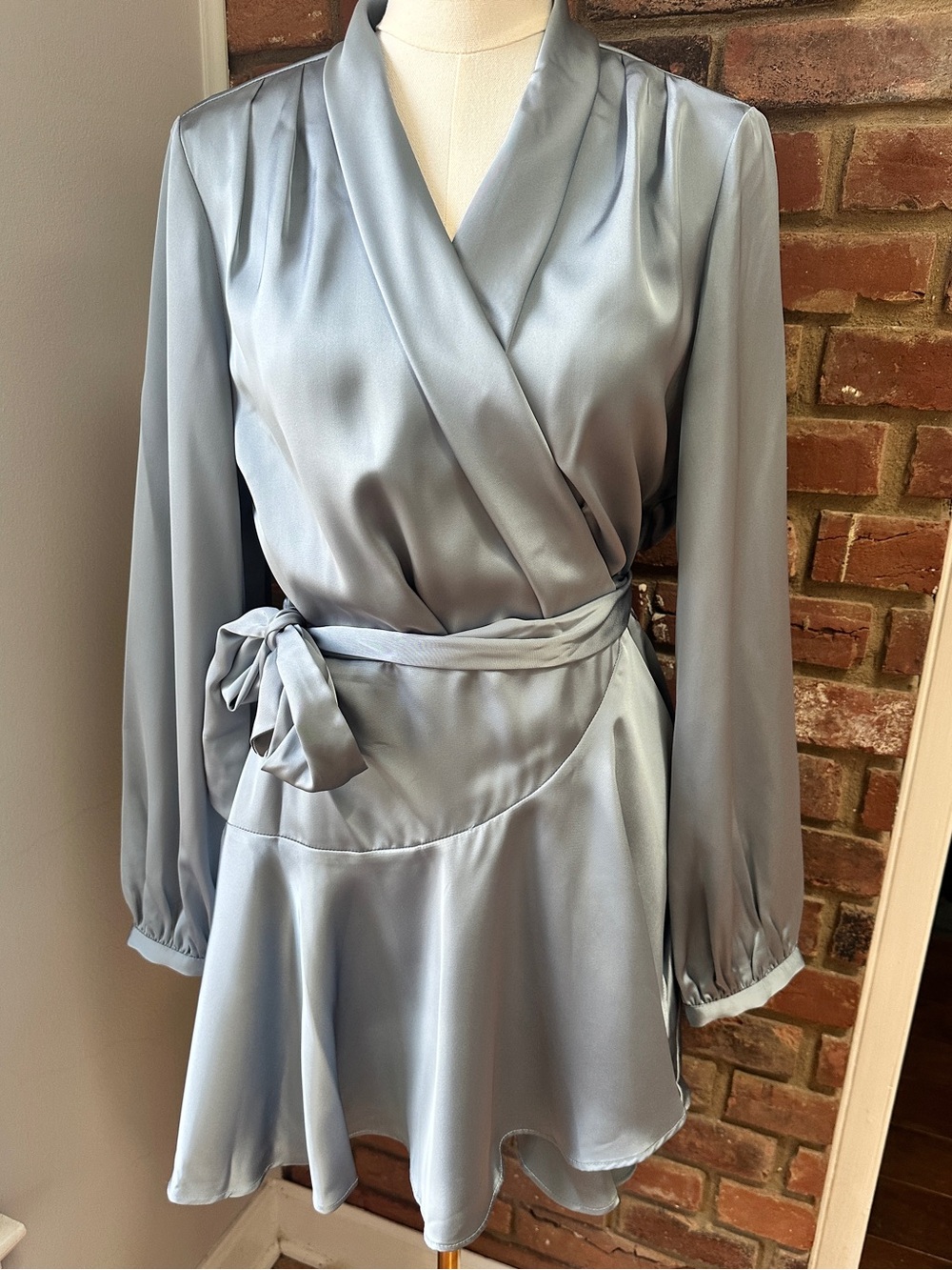 Satin Wrap Dress in Light Blue